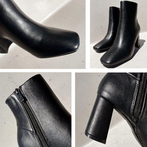 NEW Black Faux Leather Sleek Slim Square Toe Block Heel Ankle Boots Bootie Shoes - Picture 10 of 13